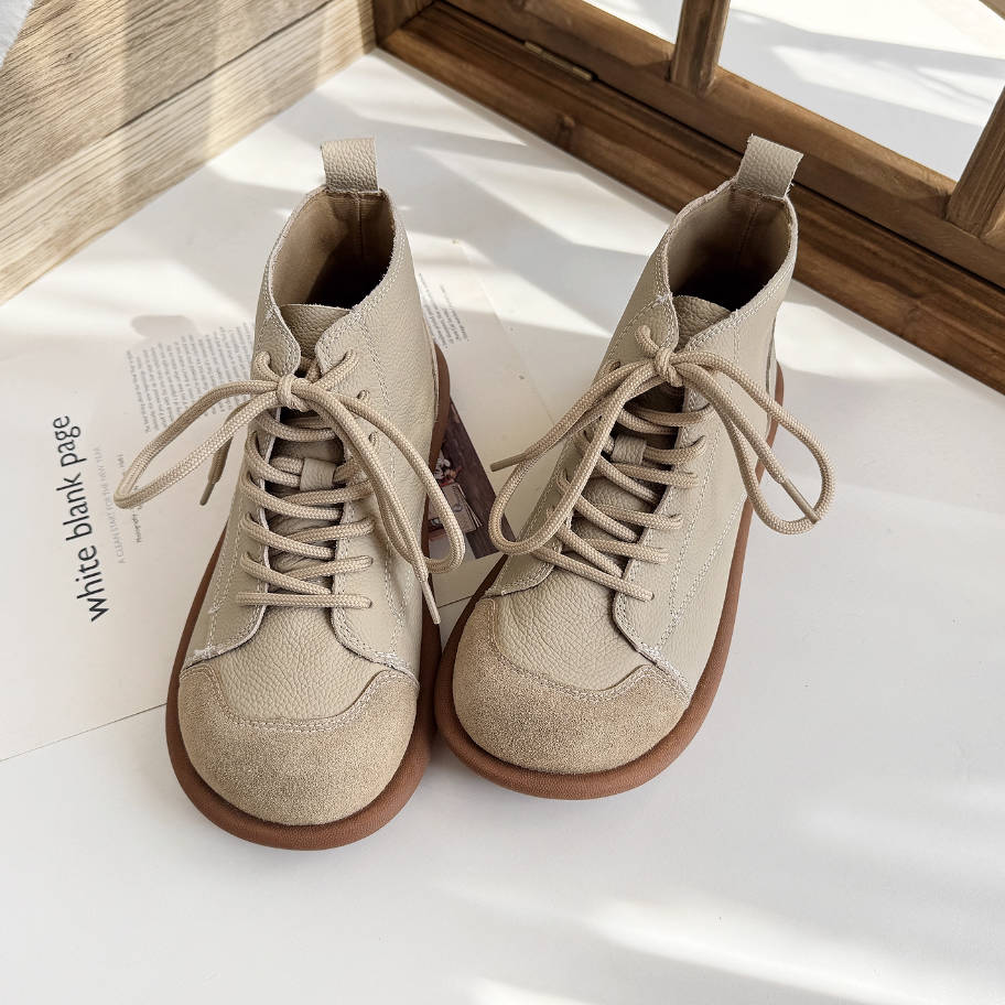 Retro Leather Round Toe Patchwork Soft Sole Lace-Up Ankle Boots