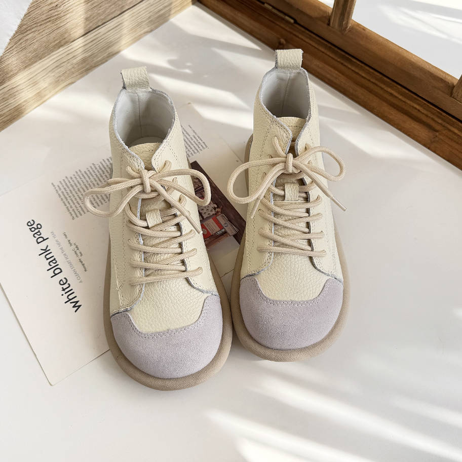 Retro Leather Round Toe Patchwork Soft Sole Lace-Up Ankle Boots - Image 3