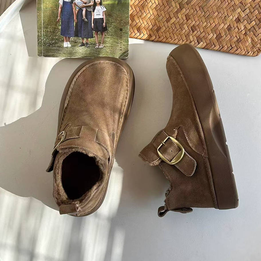 Winter Leather Sueded Wide Toe Fleece-Lined Platform Ankle Boots - Image 2