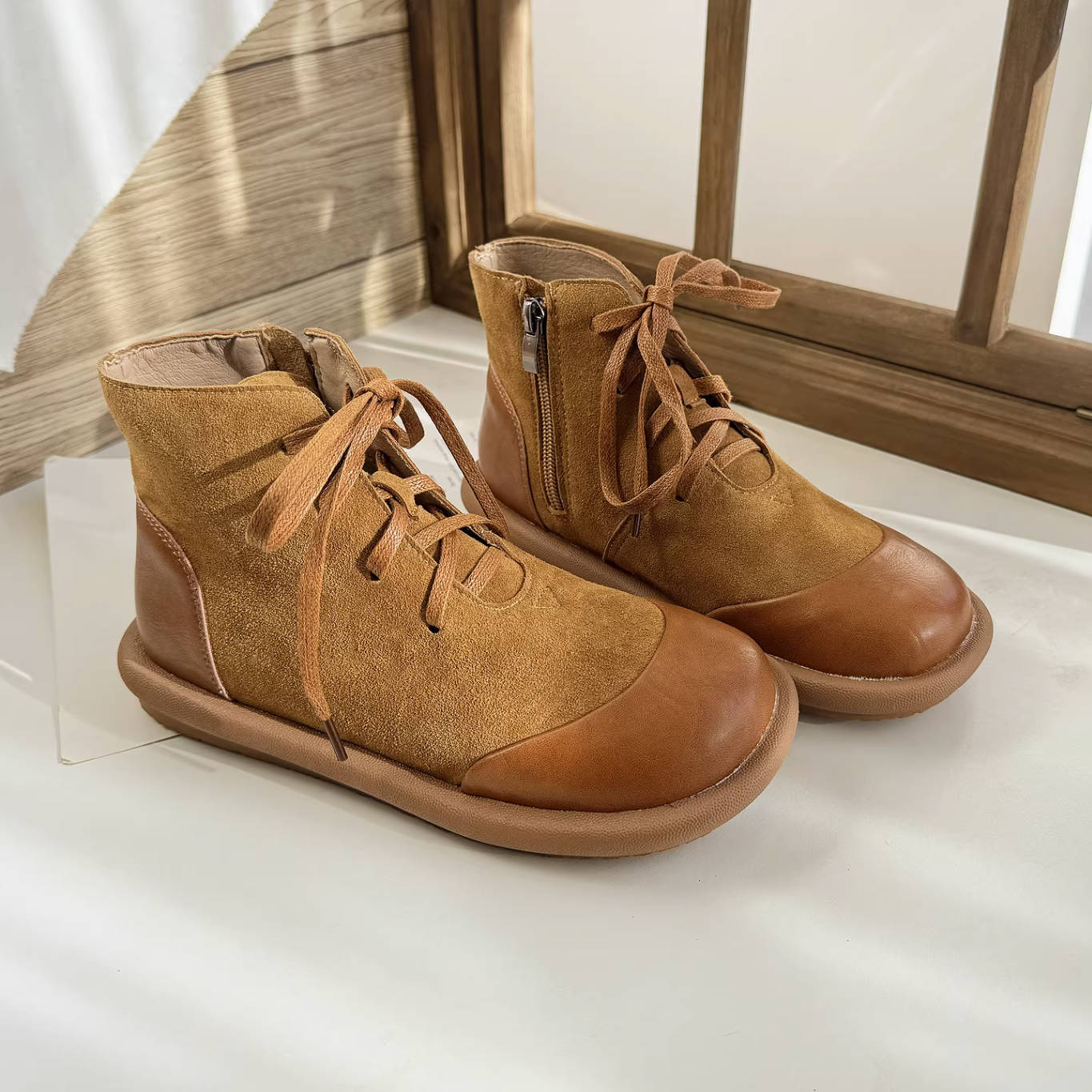 Autumn Winter Leather Sueded Patchwork Lace-Up Zipper Ankle Boots - Image 2