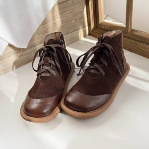 Autumn Winter Leather Sueded Patchwork Lace-Up Zipper Ankle Boots