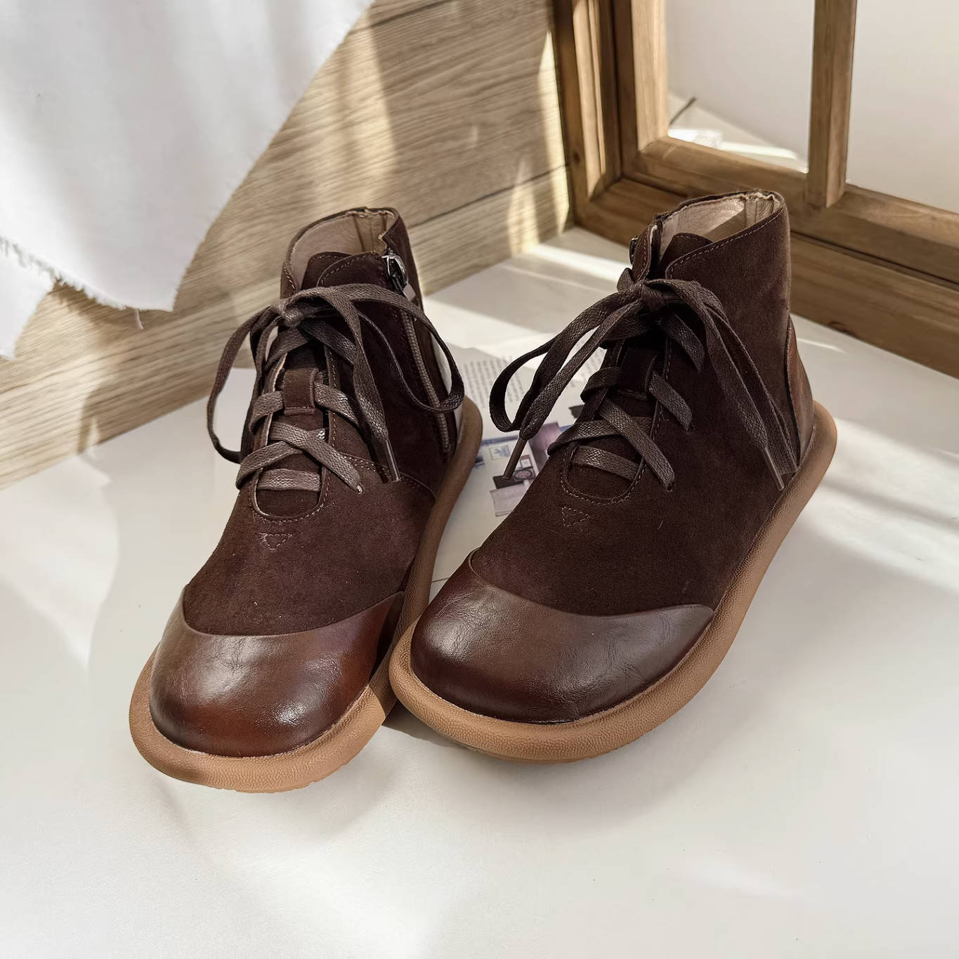 Autumn Winter Leather Sueded Patchwork Lace-Up Zipper Ankle Boots