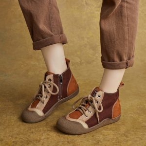 Top Leather Patchwork Round Toe Lace-Up Zipper Ankle Boots