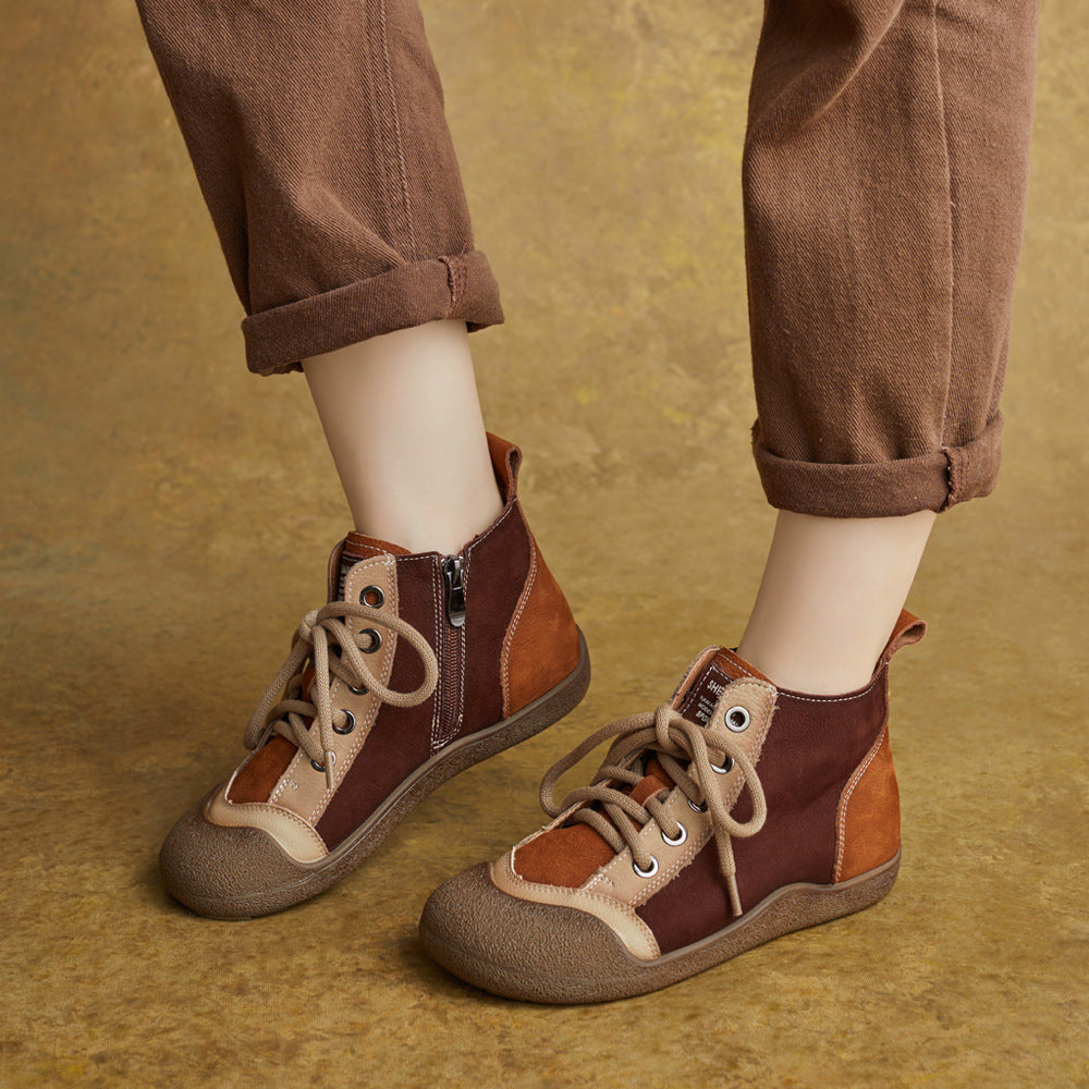 Top Leather Patchwork Round Toe Lace-Up Zipper Ankle Boots