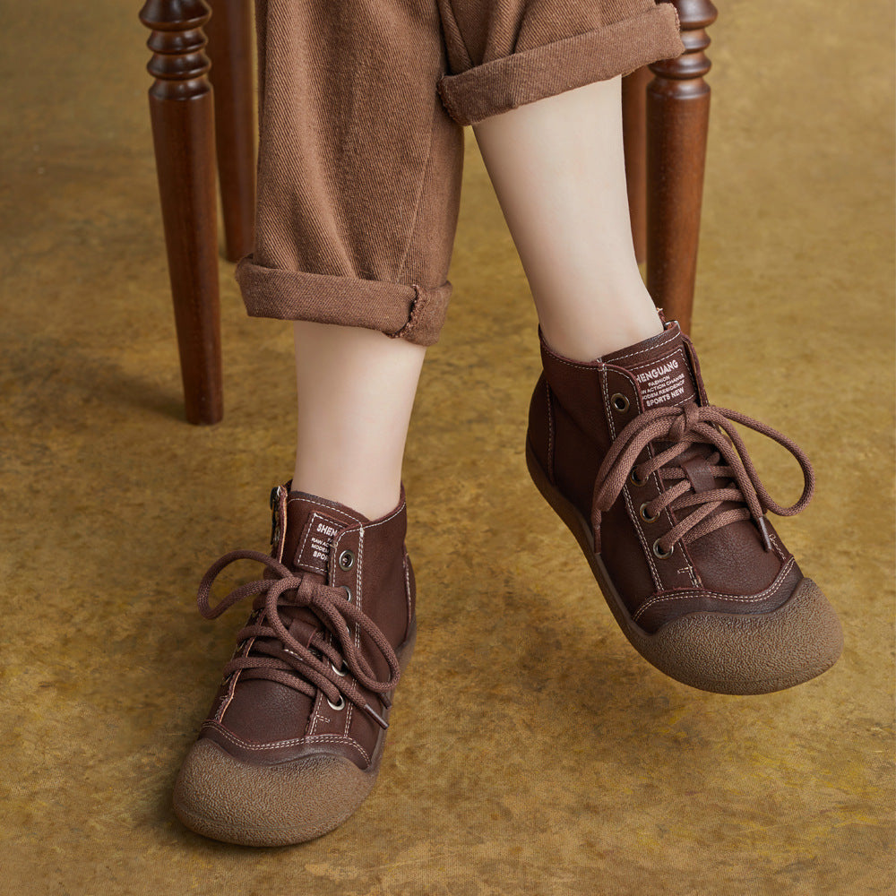 Top Leather Patchwork Round Toe Lace-Up Zipper Ankle Boots - Image 2