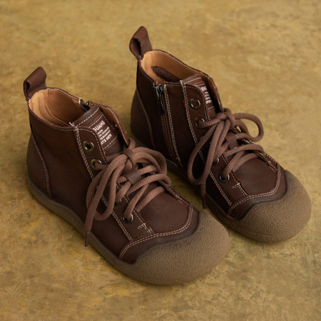 Top Leather Patchwork Round Toe Lace-Up Zipper Ankle Boots - Image 3