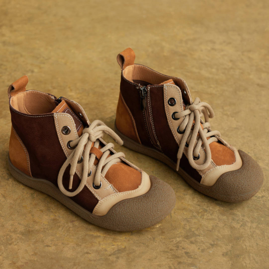 Top Leather Patchwork Round Toe Lace-Up Zipper Ankle Boots - Image 4