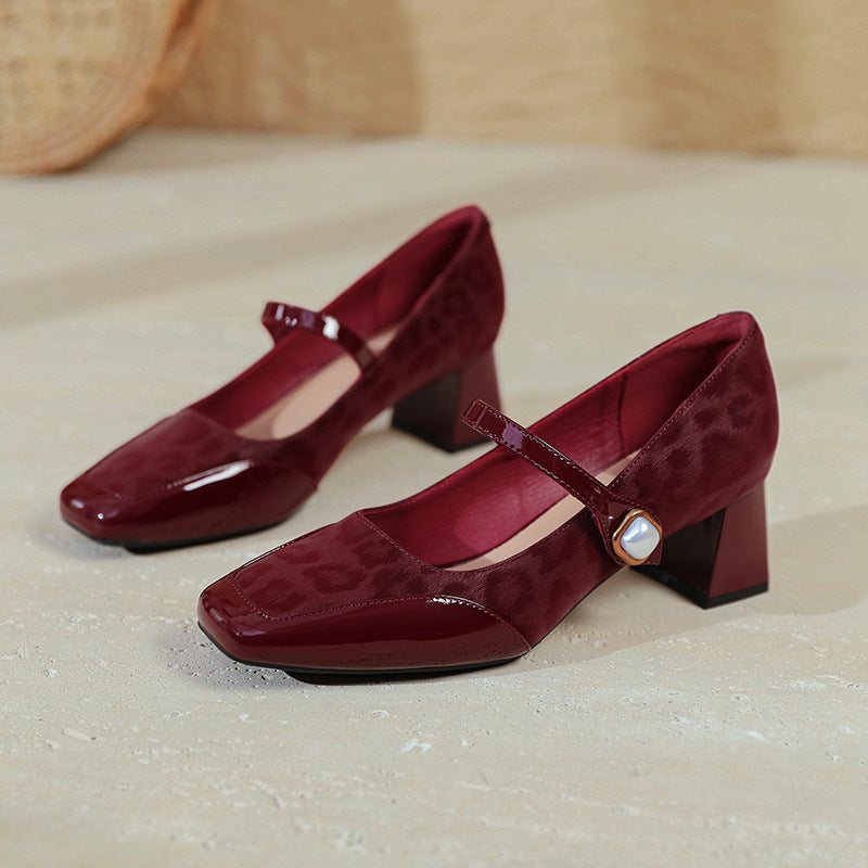 Retro Leather Leopord Patchwork One Straped Pearl Chunky Sandals - Image 5