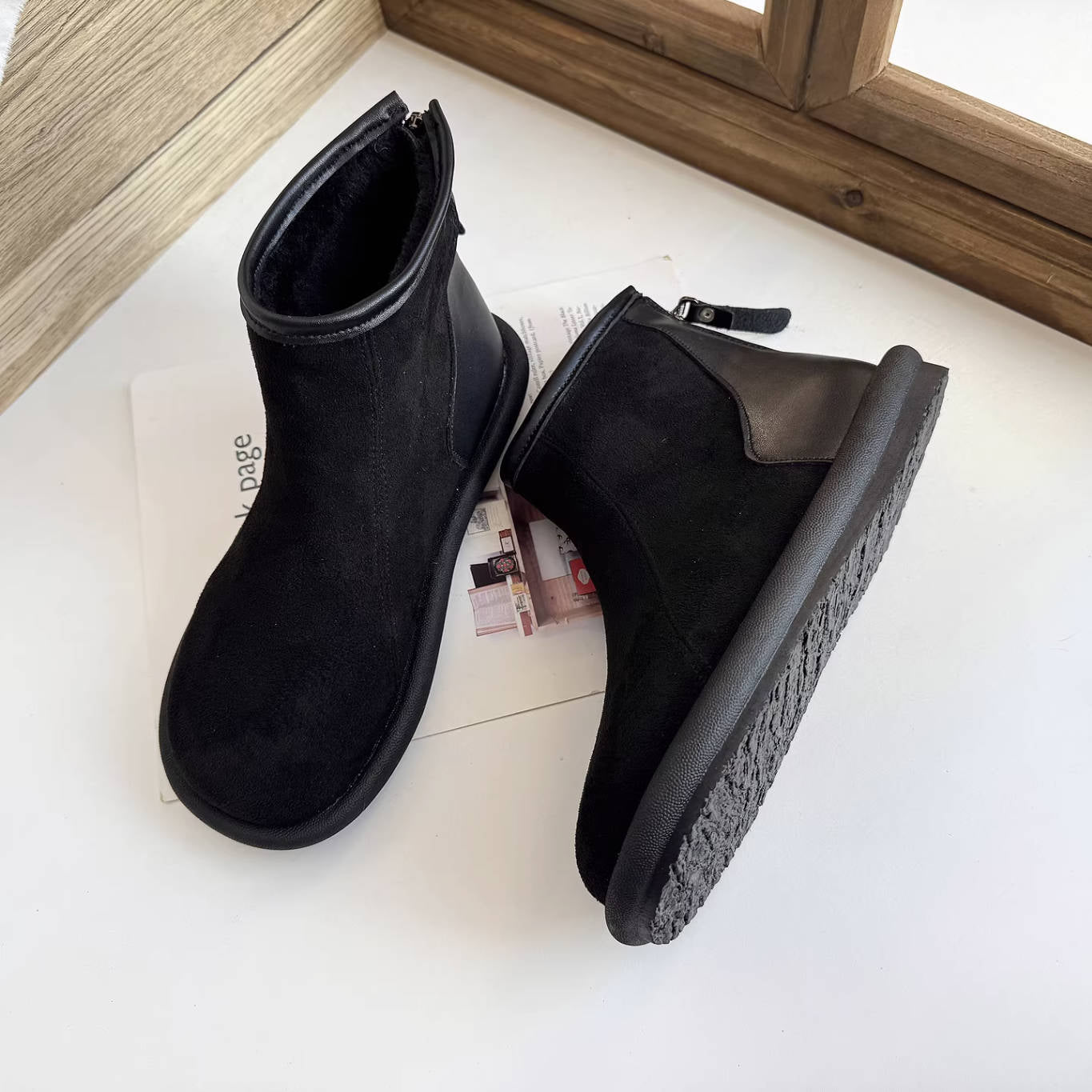 Vintage Simple Leather Sueded Zipper Casual Fleece-Lined Ankle Boots - Image 3