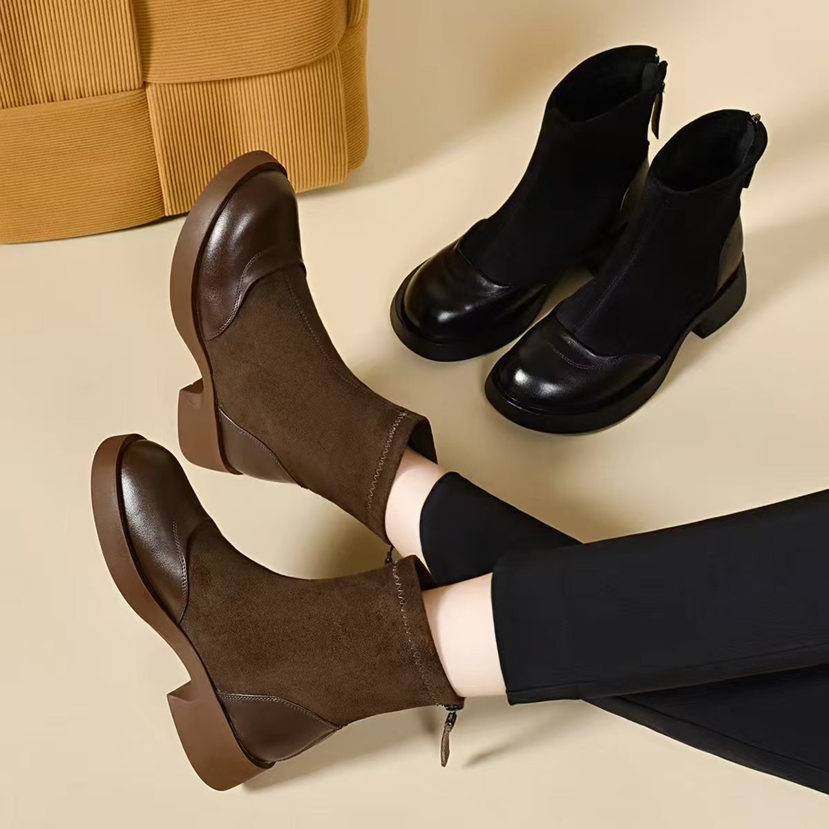 Retro Classic Leather Sueded Patchwork Round Toe Zipper Middle Boots