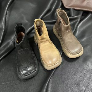 Retro Autumn Leather Square Wide Toe Zipper Ankle Boots