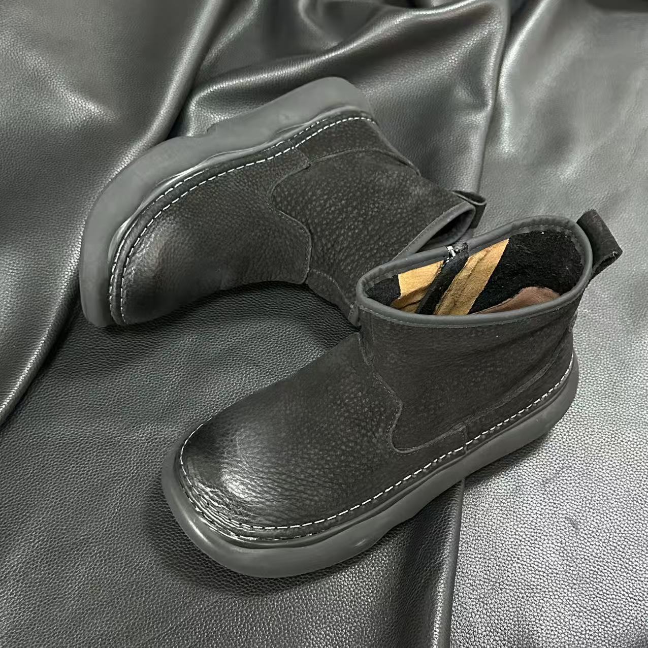 Retro Autumn Leather Square Wide Toe Zipper Ankle Boots - Image 2