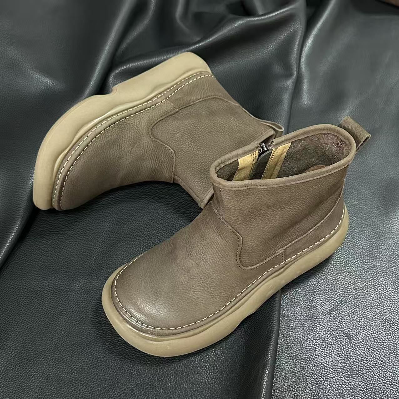 Retro Autumn Leather Square Wide Toe Zipper Ankle Boots - Image 3