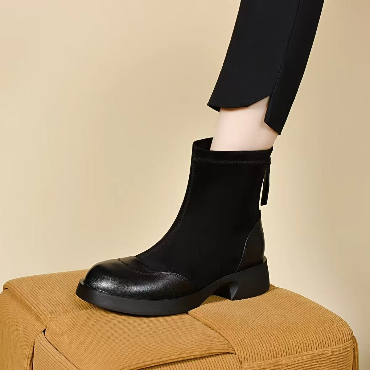 Retro Classic Leather Sueded Patchwork Round Toe Zipper Middle Boots - Image 3