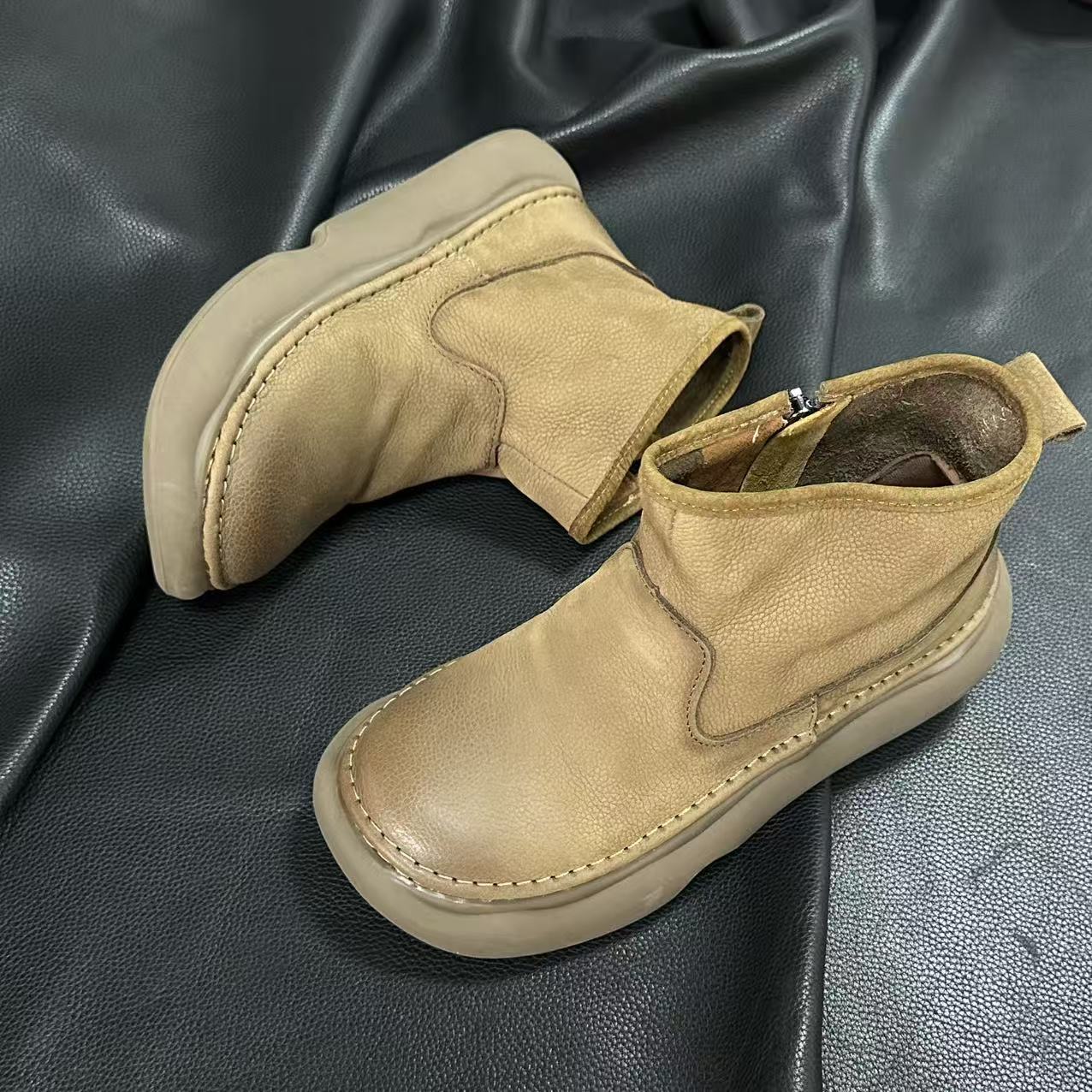 Retro Autumn Leather Square Wide Toe Zipper Ankle Boots - Image 4