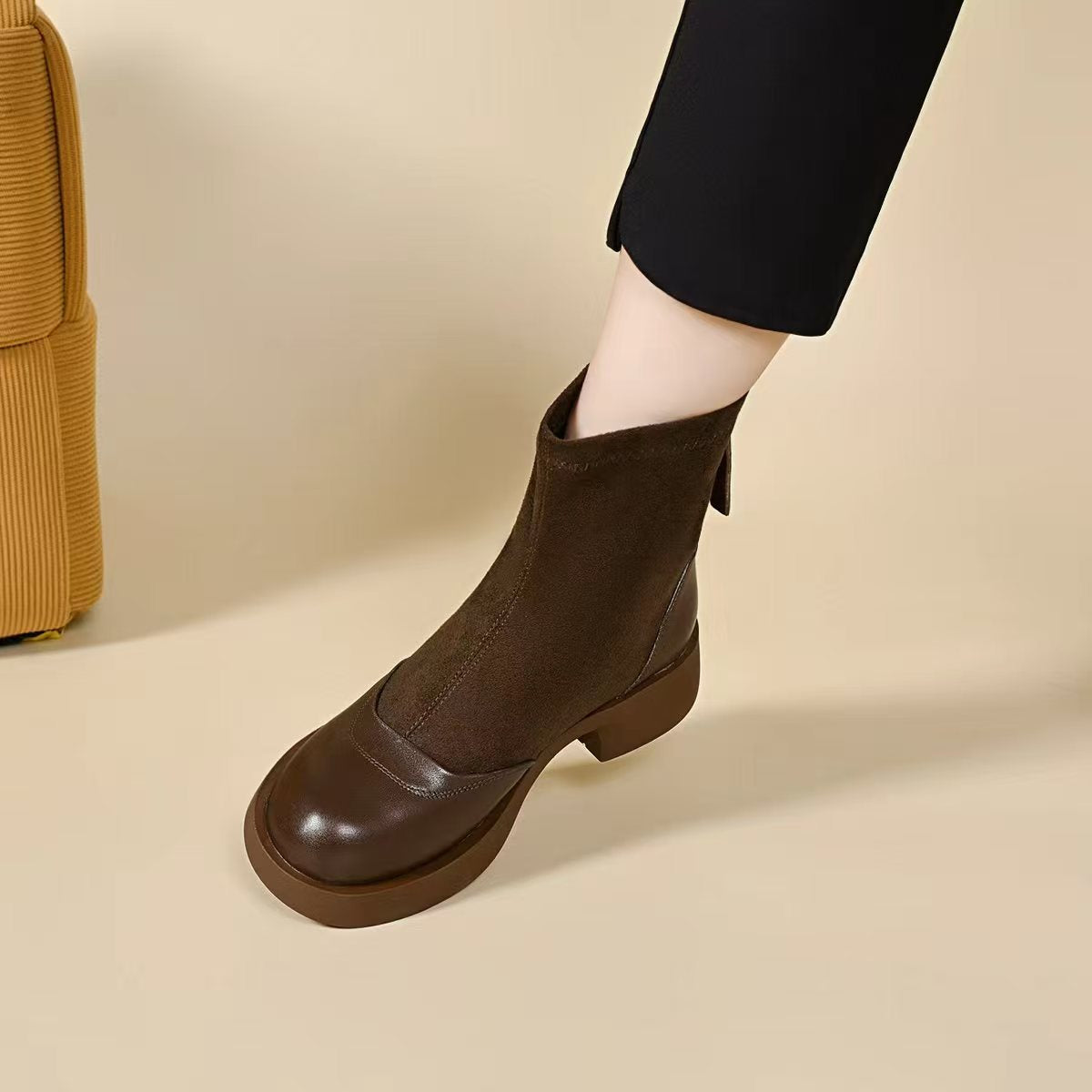 Retro Classic Leather Sueded Patchwork Round Toe Zipper Middle Boots - Image 2
