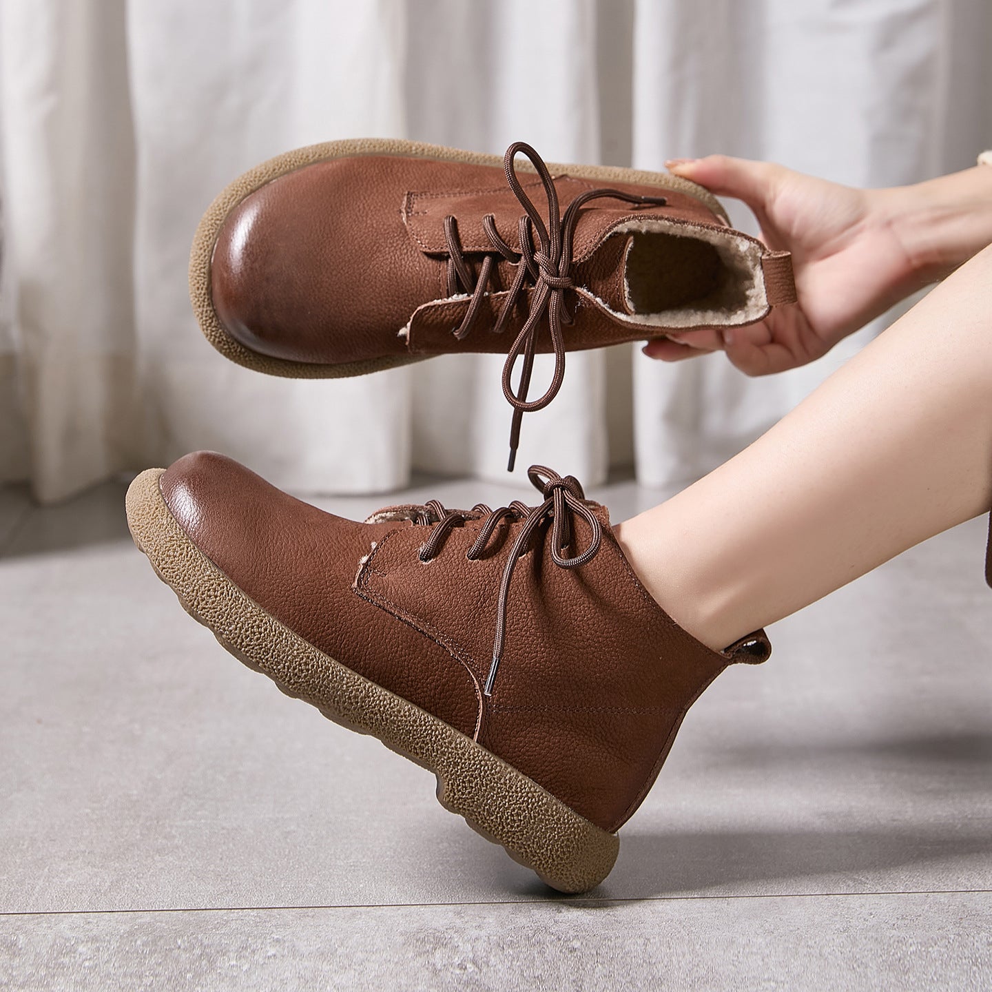Classic Autumn Leather Round Toe Cotton-In Ankle Boots - Image 2