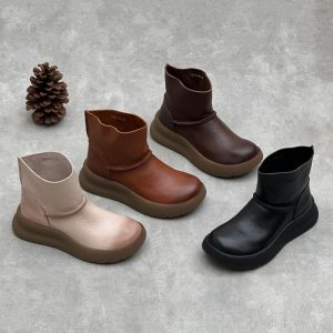 Retro Simple Leather Platform Solid Color Slip-On Ankle Boots