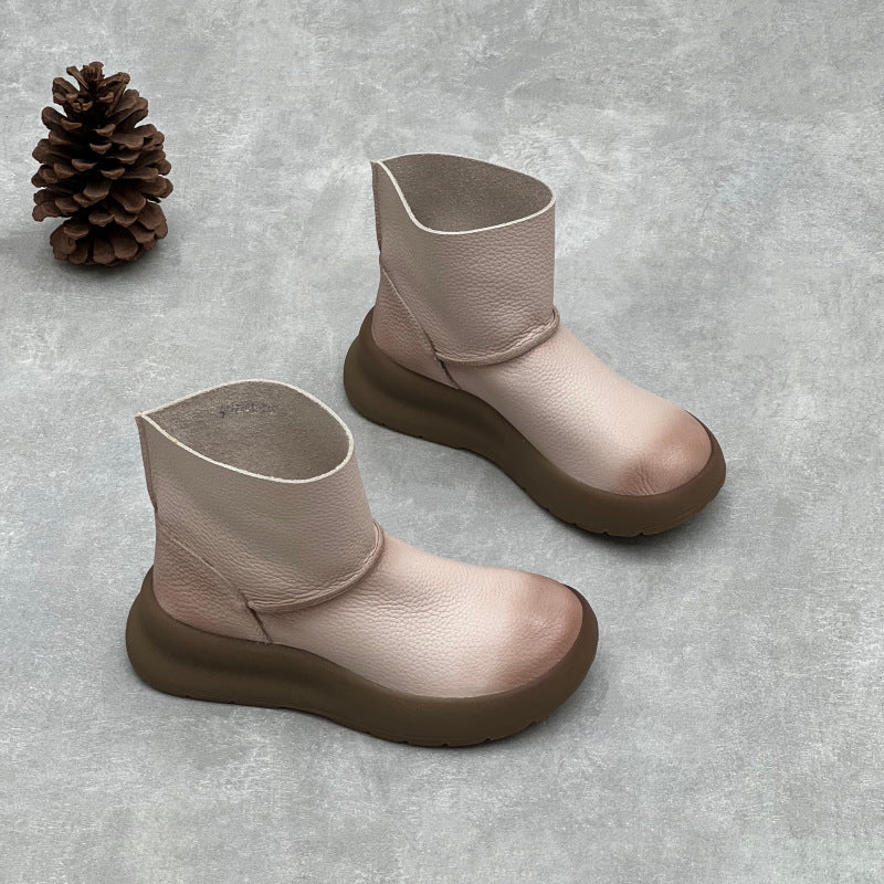 Retro Simple Leather Platform Solid Color Slip-On Ankle Boots - Image 2