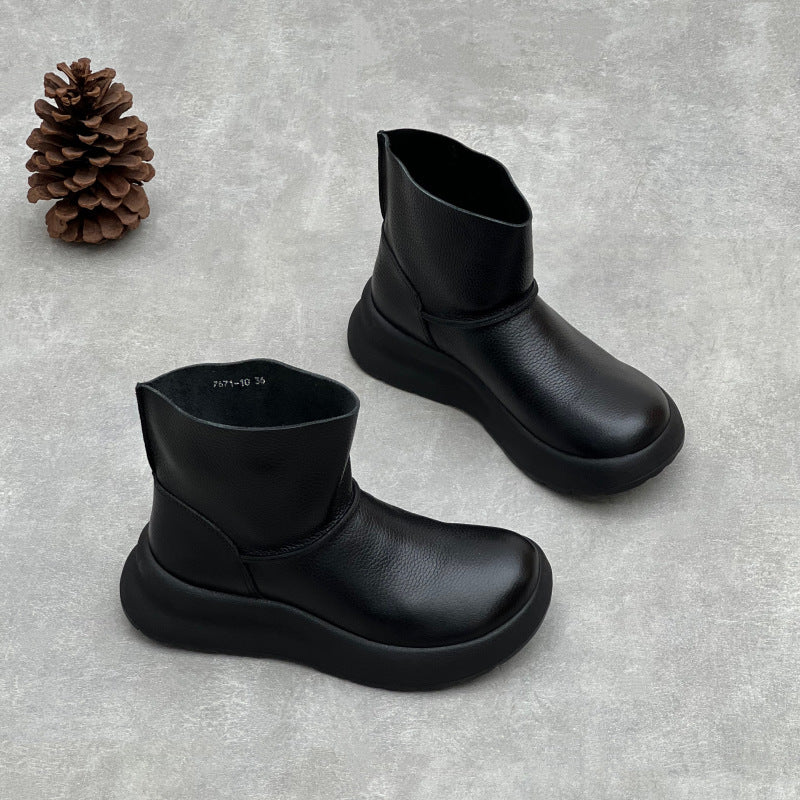 Retro Simple Leather Platform Solid Color Slip-On Ankle Boots - Image 5