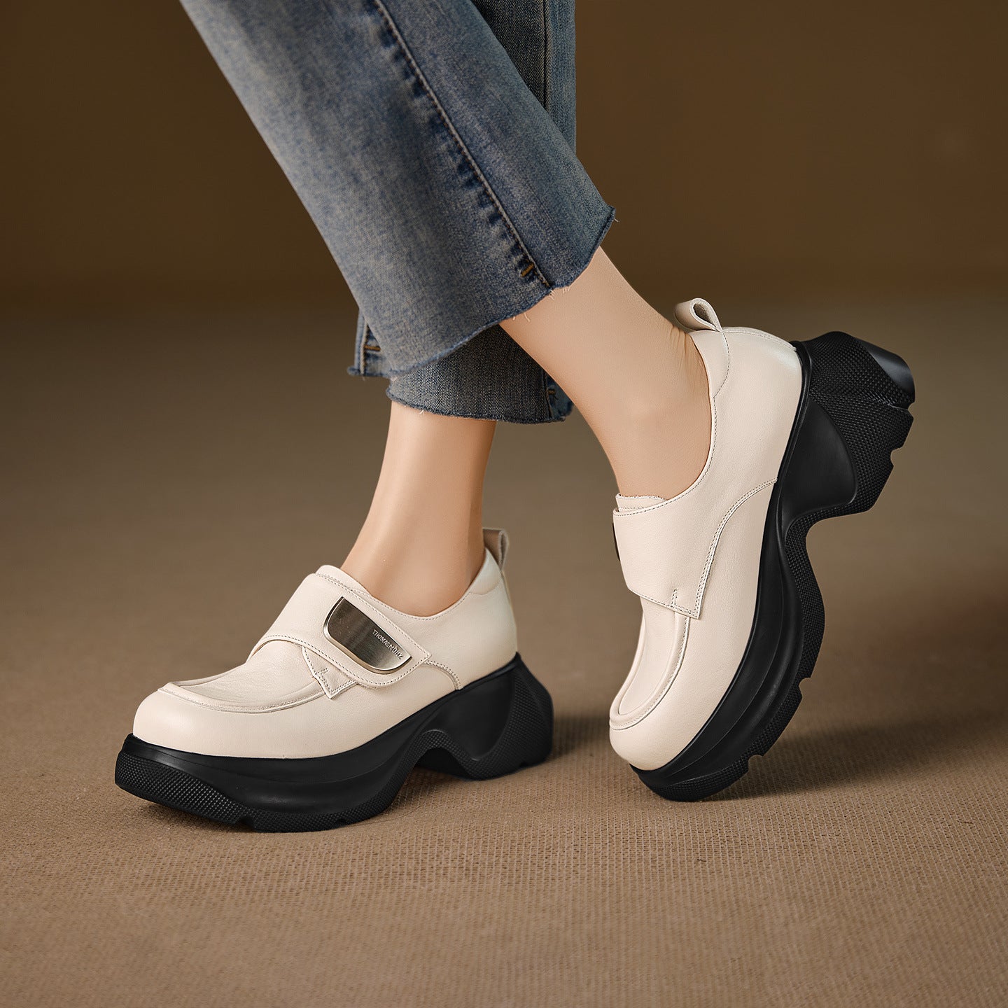 Casual Leather Round Toe Platform Velcro Loafers - Image 5