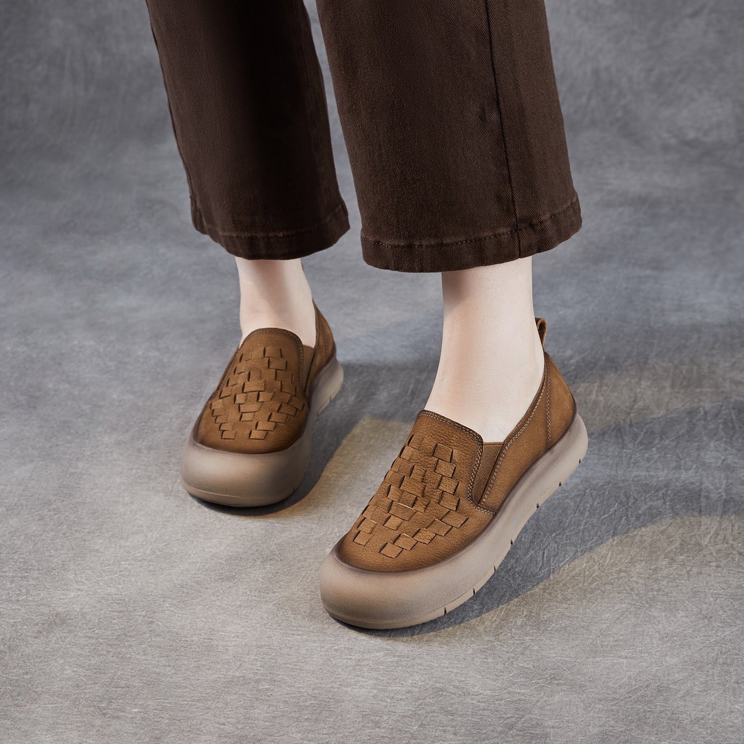 Genuine Leather Retro Handwoven Platform Loafers Slip-On Shoes - Image 2