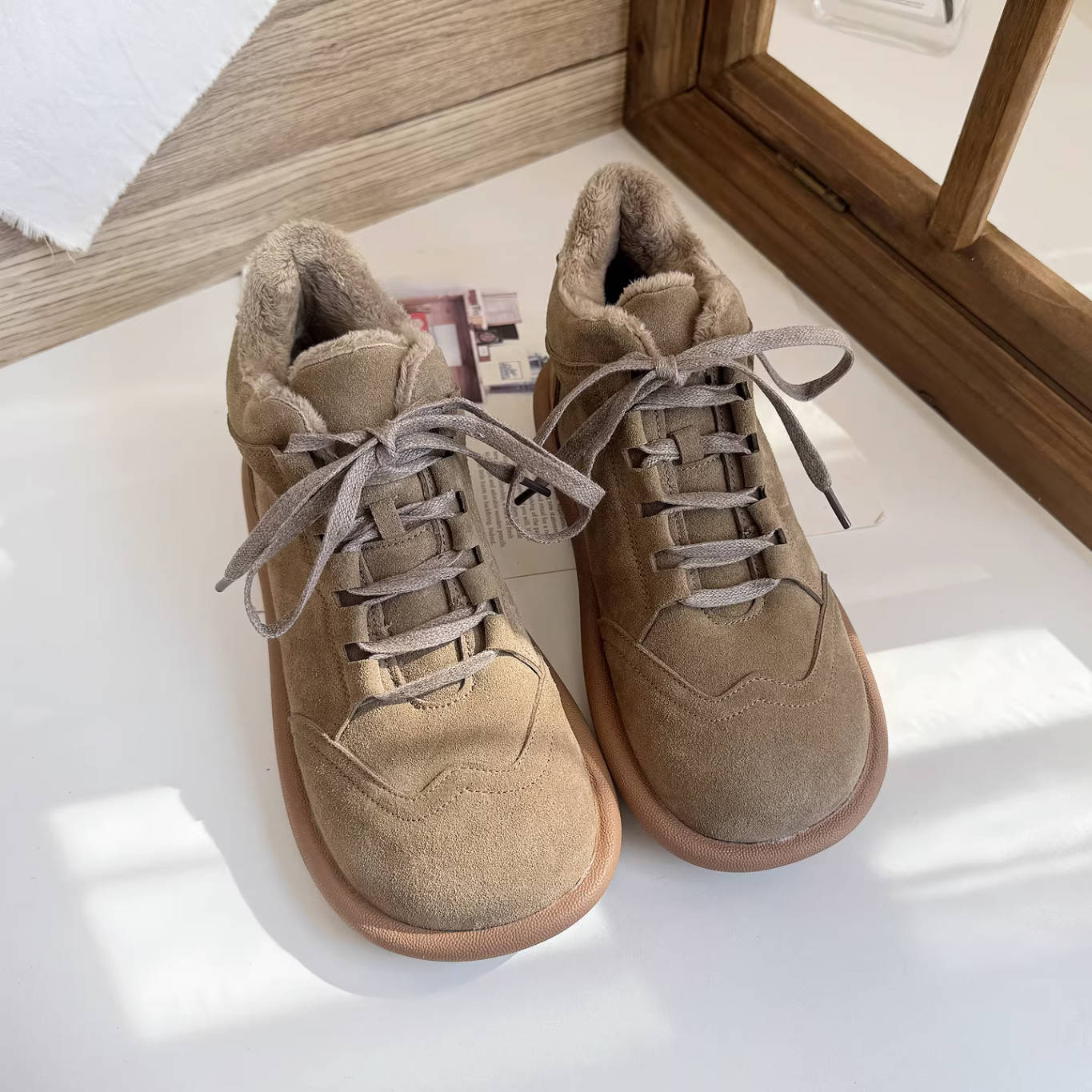 Retro Sueded Thick Soft Sole Round Wide Toe Lace-Uo Ankle Boots - Image 3