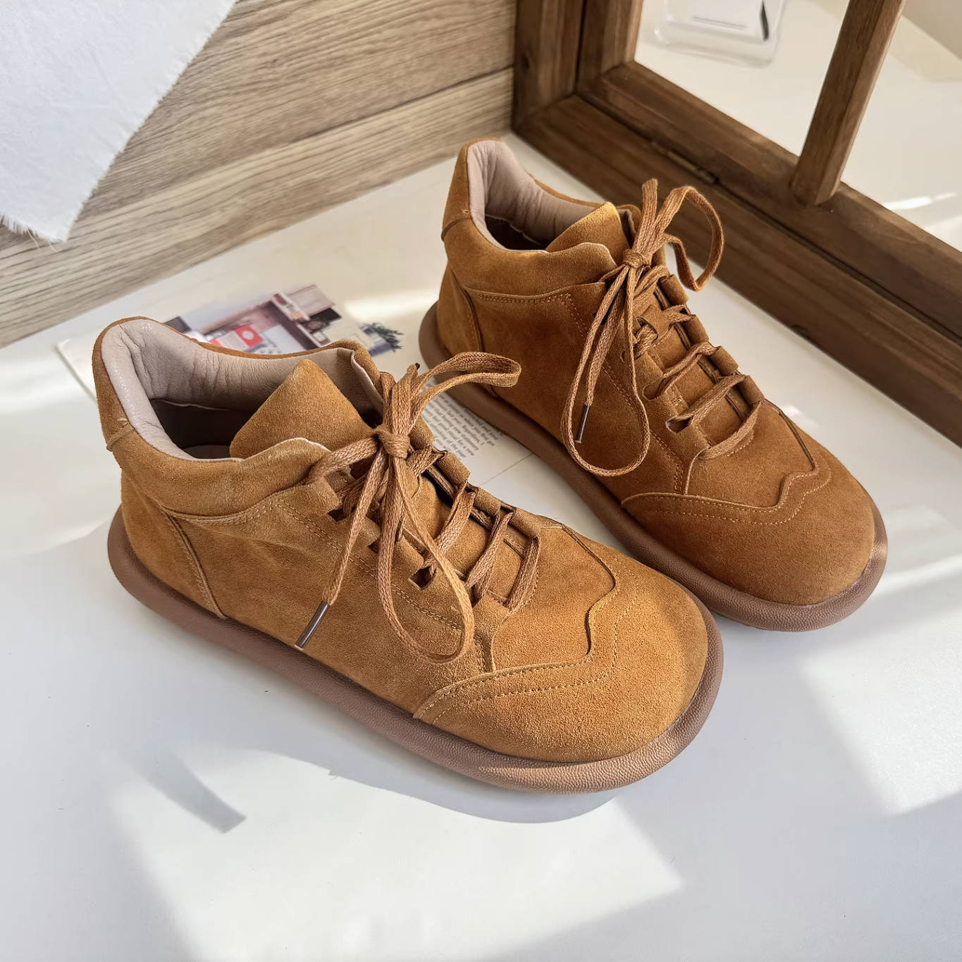 Retro Sueded Thick Soft Sole Round Wide Toe Lace-Uo Ankle Boots - Image 2