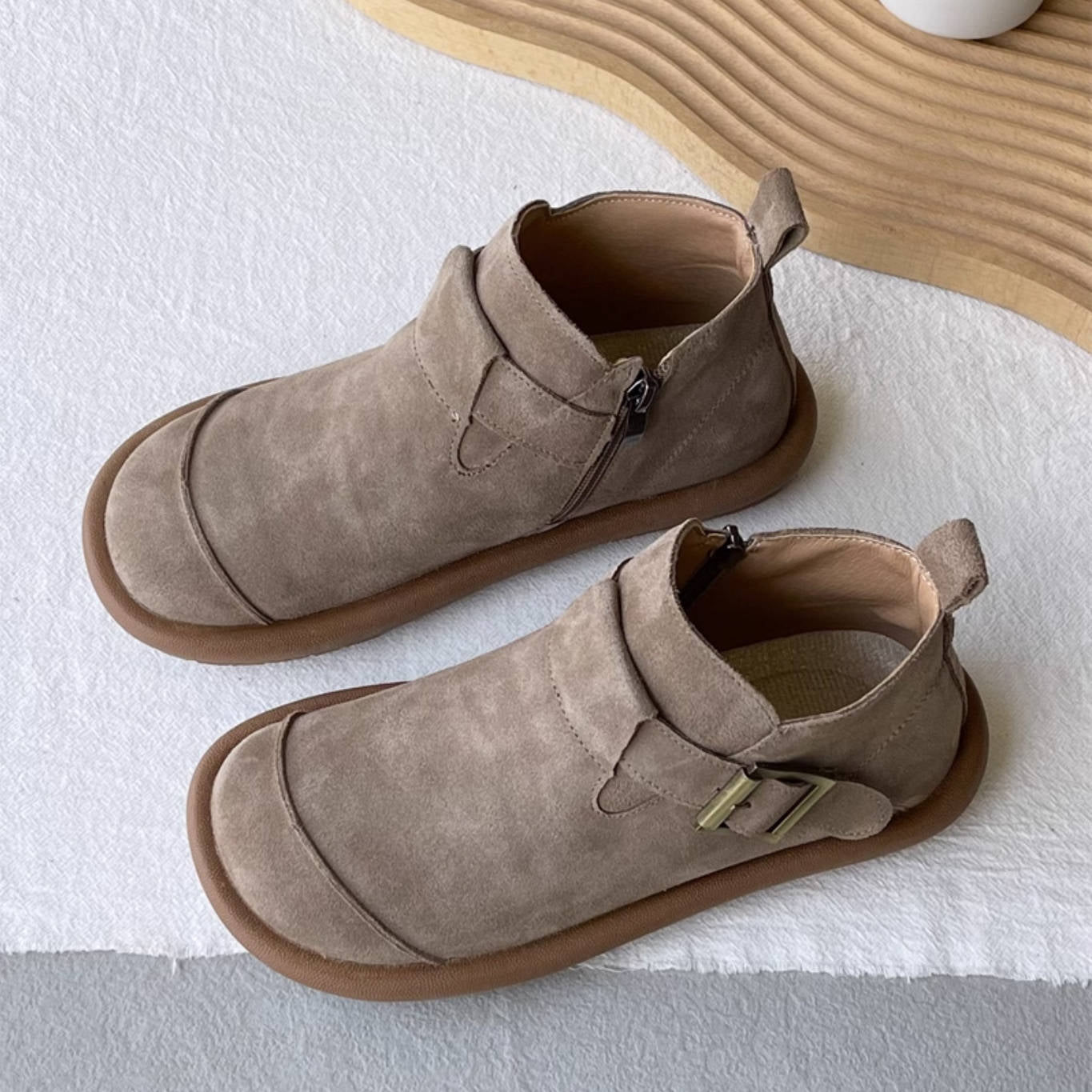 Sueded Retro Simple Round Toe Soft Flat Sole Ankle Boots - Image 2