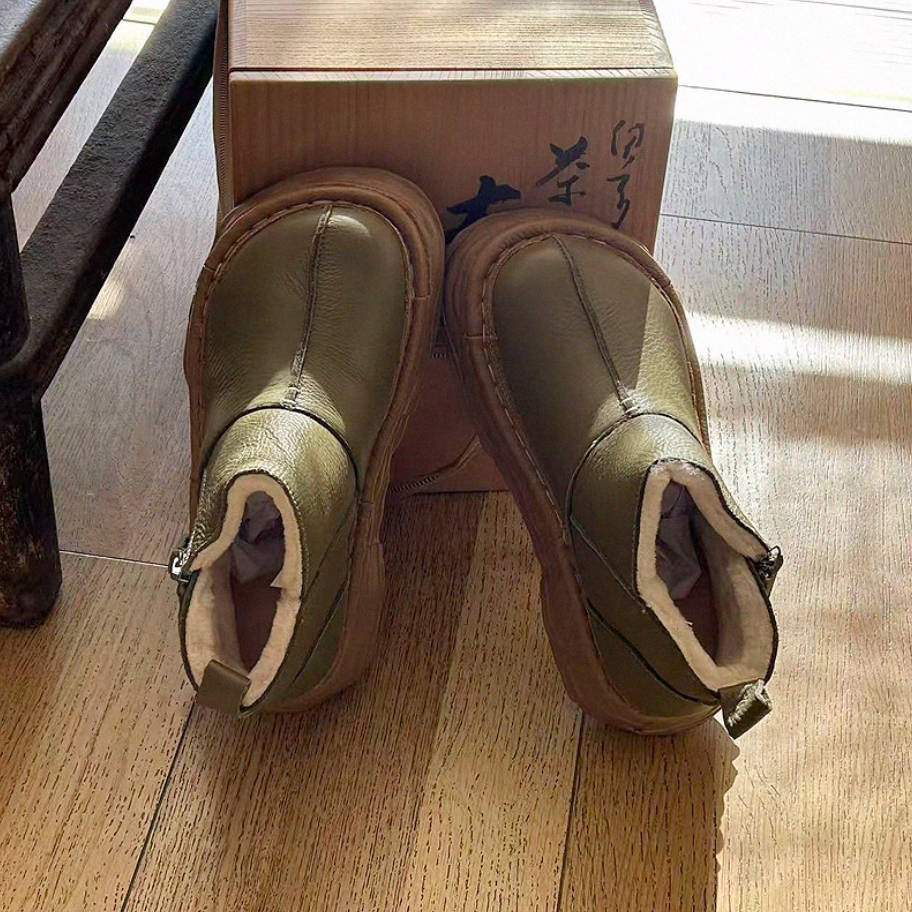 Winter Leather Wide Round Toe Fleece-Lined Platform Warm Ankle Boots - Image 2