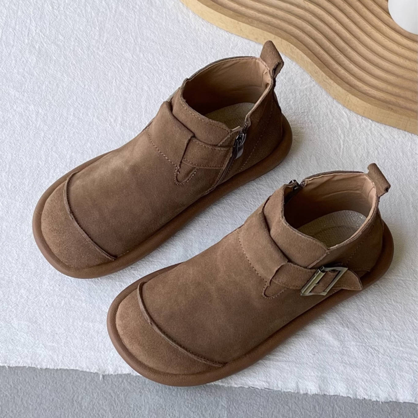 Sueded Retro Simple Round Toe Soft Flat Sole Ankle Boots - Image 4