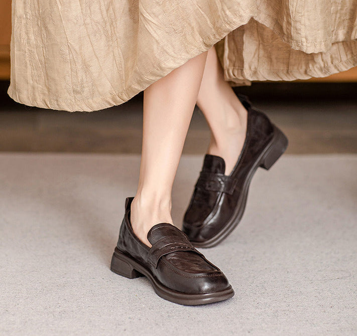 Brown Classic Vintage Textured Leather Loafers for Women - Image 5