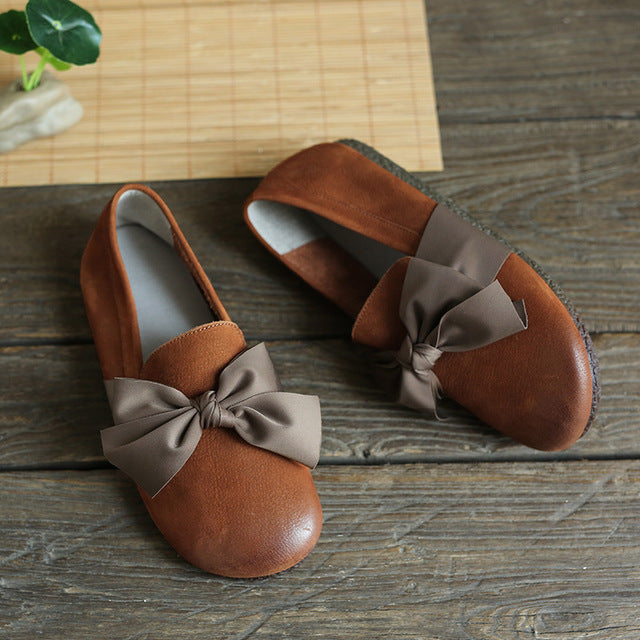 Babakud Women Spring Retro Butterfly Knot Leather Flats Loafers - Image 2