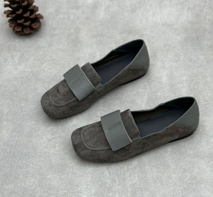 Ladies Elegant Vintage Soft Leather Suede Loafers with Wide Bow - Image 2