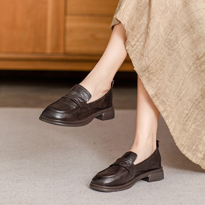 Brown Classic Vintage Textured Leather Loafers for Women - Image 3