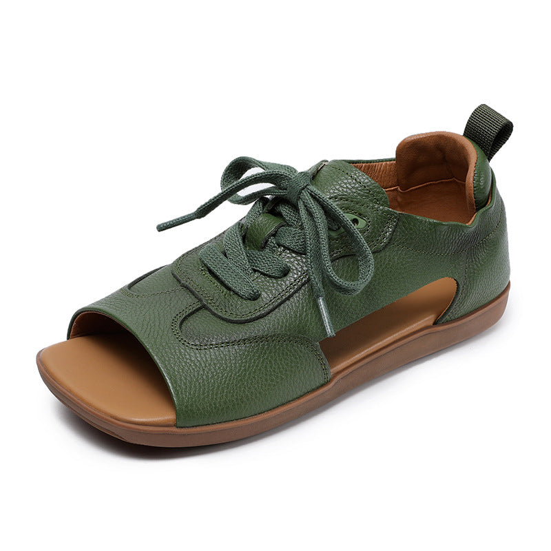 Summer Retro Leather Open Toe Soft Flat Sole Lace-Up Sandals - Image 8