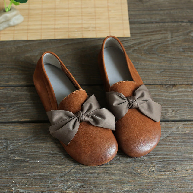 Babakud Women Spring Retro Butterfly Knot Leather Flats Loafers - Image 3