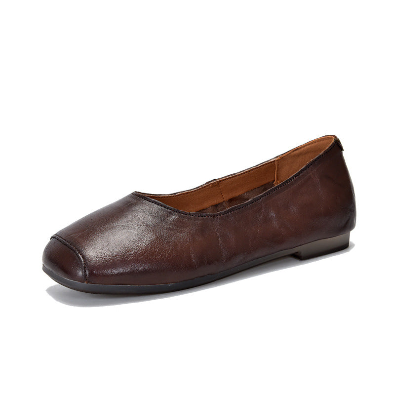 Women Retro Comfortable Square Toe Cowhide Flat Shoes Loafers - Image 5