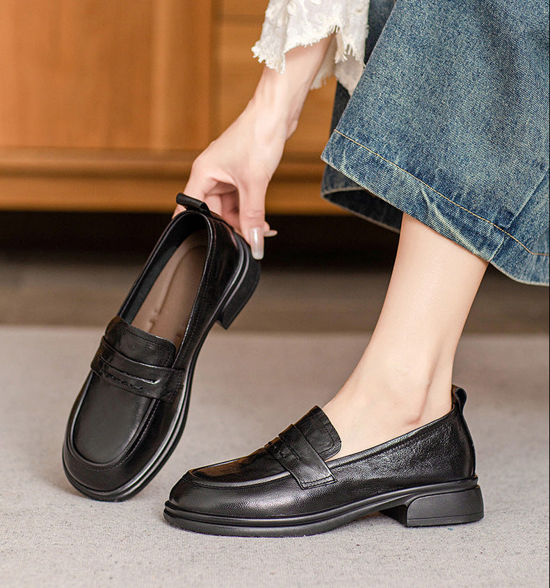 Brown Classic Vintage Textured Leather Loafers for Women - Image 2