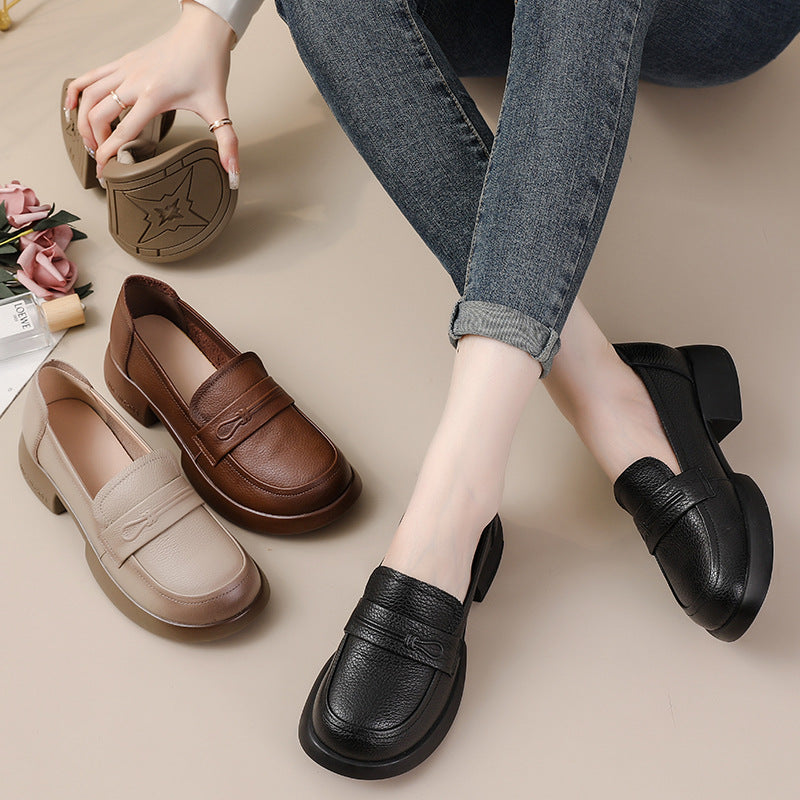 Women Retro Genuine Leather Mid Heel Thick Sole Platform Loafers - Image 5