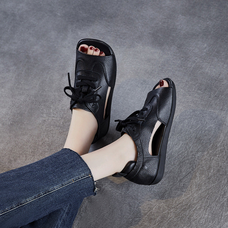 Summer Retro Leather Open Toe Soft Flat Sole Lace-Up Sandals - Image 5