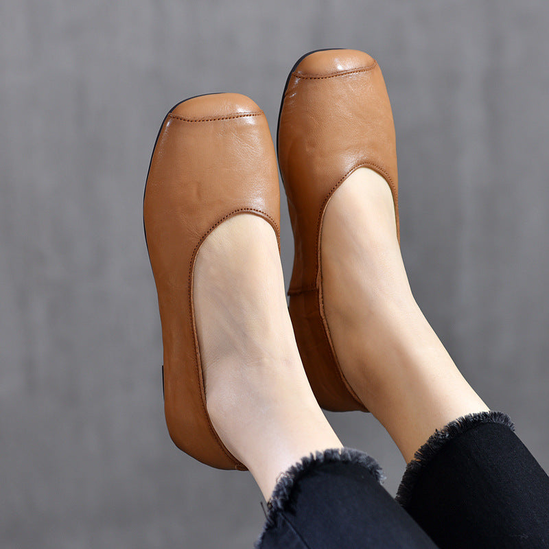 Women Retro Comfortable Square Toe Cowhide Flat Shoes Loafers - Image 3