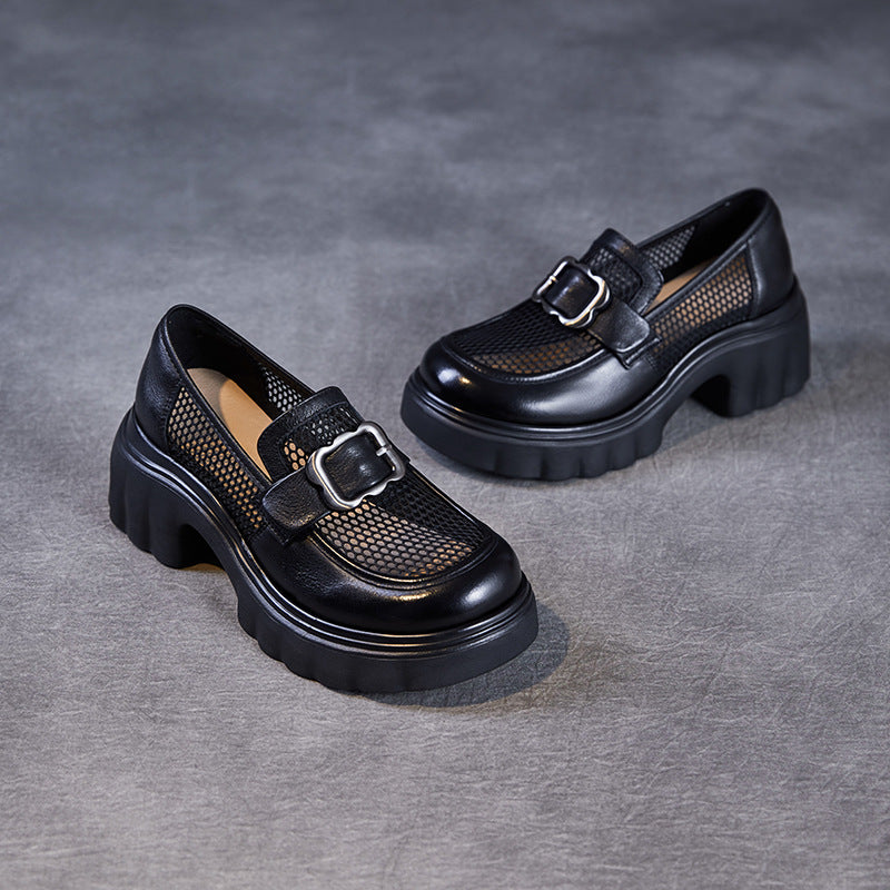 Black Breathable Mesh Patchwork Leather Loafers for Women - Image 5