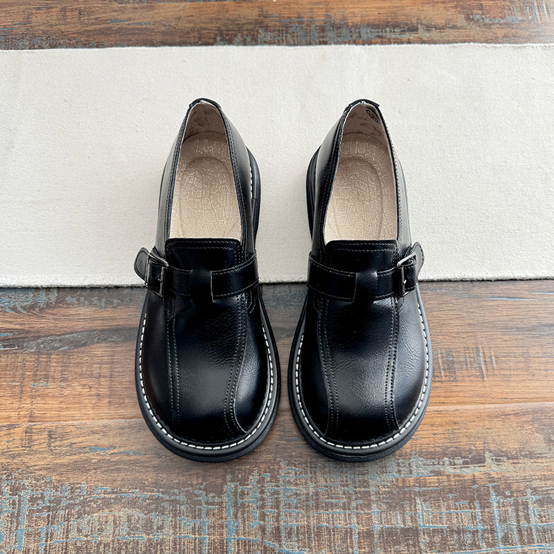 Babakud Women Spring Retro Leather Round Toe Buckle Loafers - Image 3