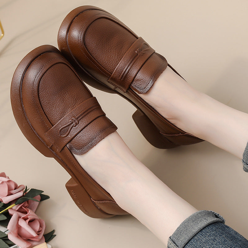 Women Retro Genuine Leather Mid Heel Thick Sole Platform Loafers