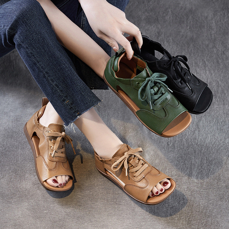 Summer Retro Leather Open Toe Soft Flat Sole Lace-Up Sandals - Image 2