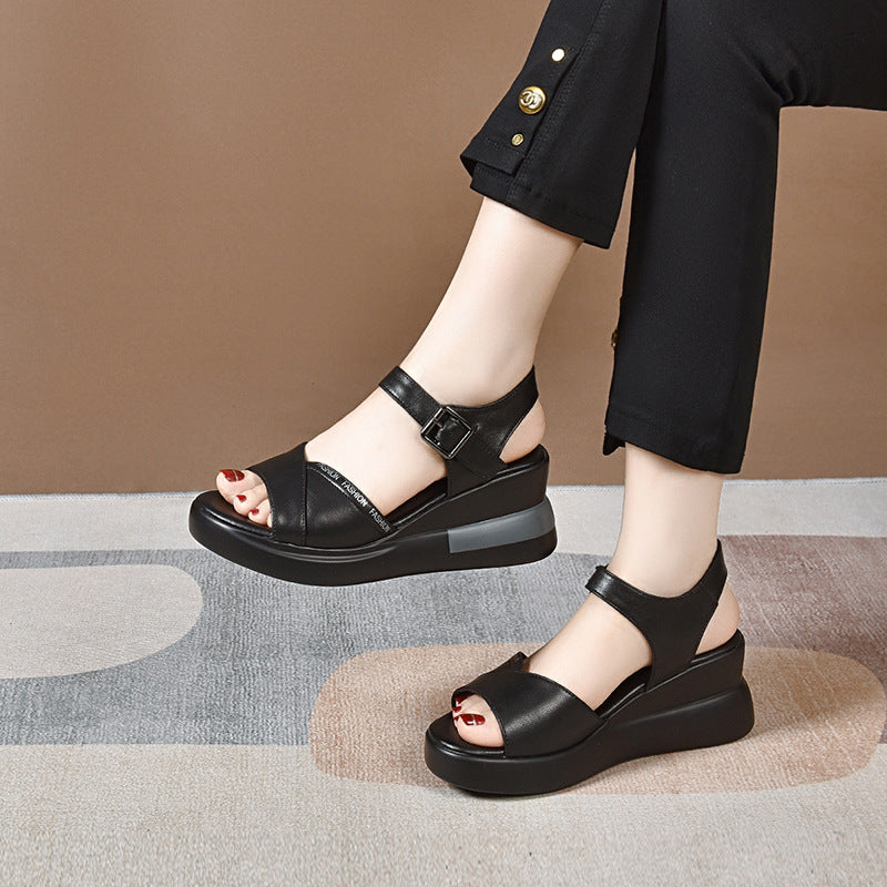 Summer Casual Leather Open Toe Soft Thick Sole Velcro Sandals - Image 4