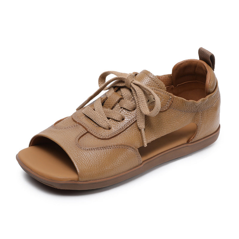 Summer Retro Leather Open Toe Soft Flat Sole Lace-Up Sandals - Image 7