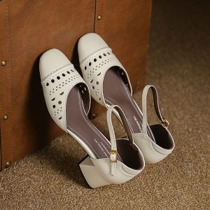 Vintage Leather Hollow Chunky One Straped Plus Size Sandals