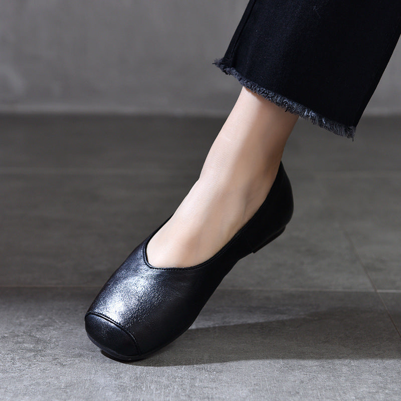 Women Retro Comfortable Square Toe Cowhide Flat Shoes Loafers - Image 2